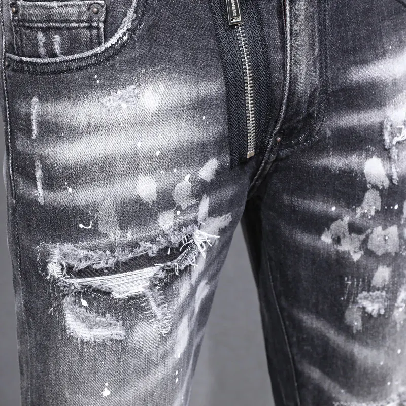 Designer High Street Fashion New Men's Jeans Stretch Slimming Water Washed Black Painted Jeans Hip Hop Brand Pants Hombre