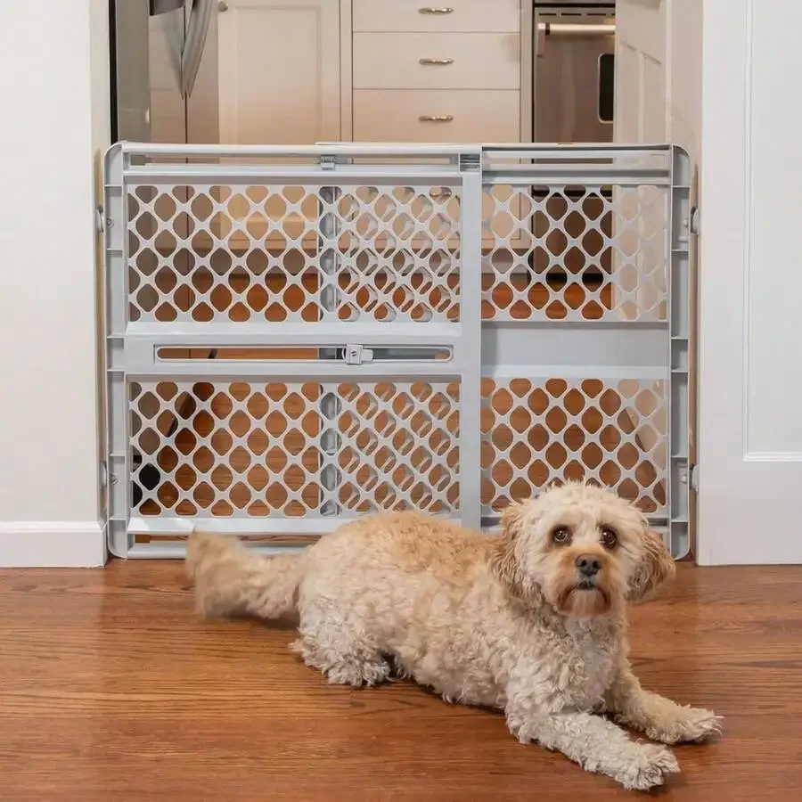 

26-Inch Tall Gray Pet Gate, Adjustable 26"– 42" Wide For Doorways, Includes Pressure-Fit And Swinging Door Hardware