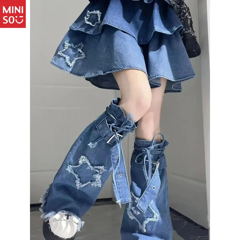 

Miniso Blue Denim Leg Warmers, Vintage Stackable Boot Socks with Drawstring