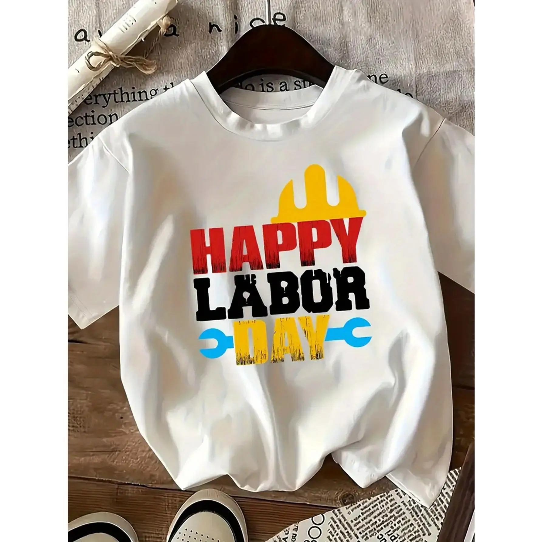 

Men Women Happy Labor Day T-Shirt Construction Worker Print Pullover Festive Holiday Casual Short Sleeve Top