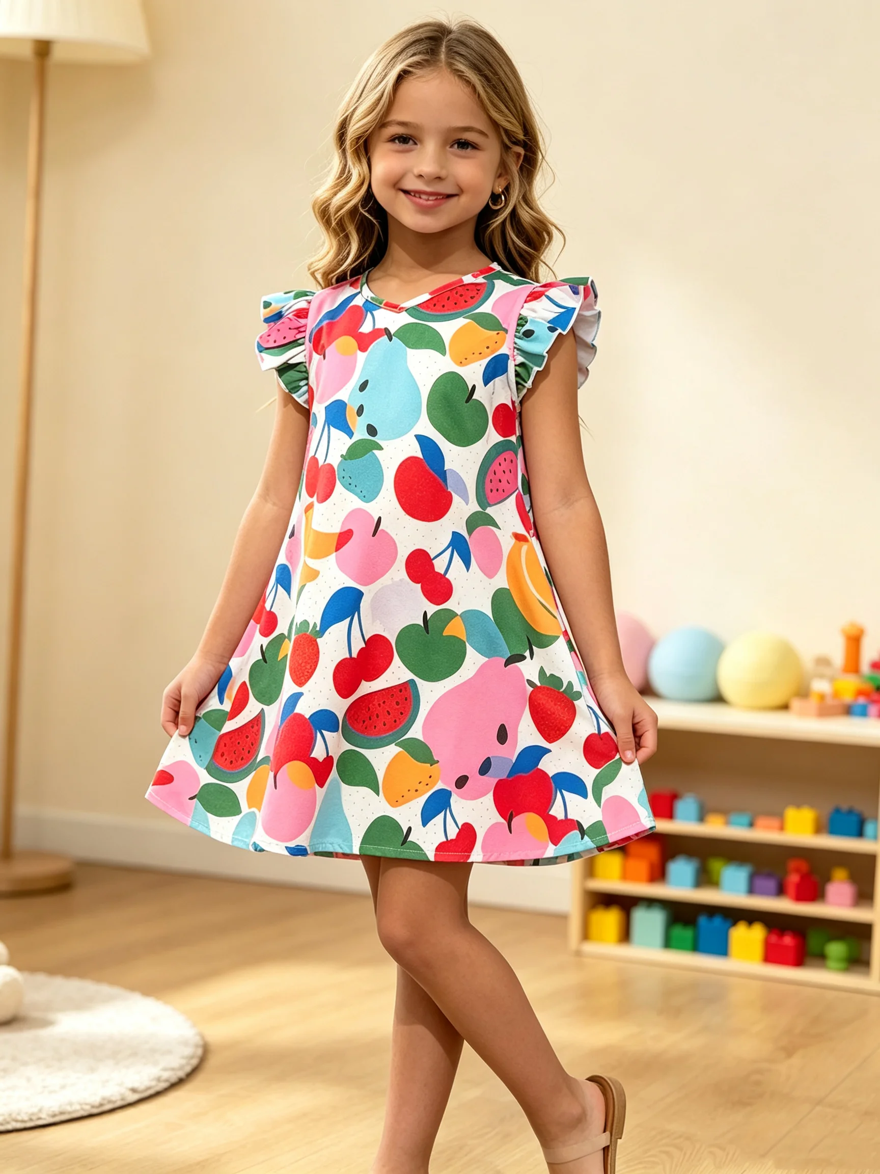 Girls' V-Neck Sleeveless Summer Casual Dress Colorful Fruit Pattern Energetic Vacation Style Full Print Perfect for Holiday