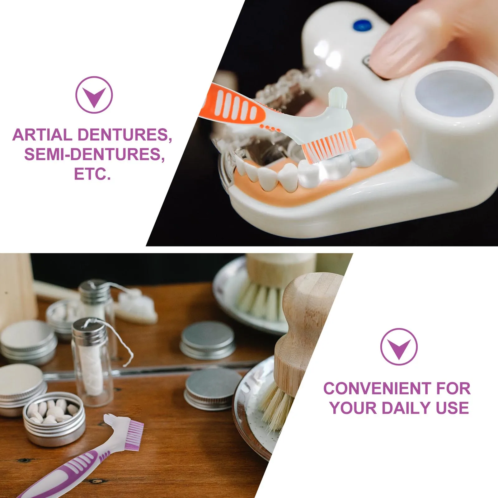 

4pcs Denture Brush for Partial Full False Teeth Cleaning Double Sided Comfortable Care Ergonomic Handle Moderate Bristles Safe