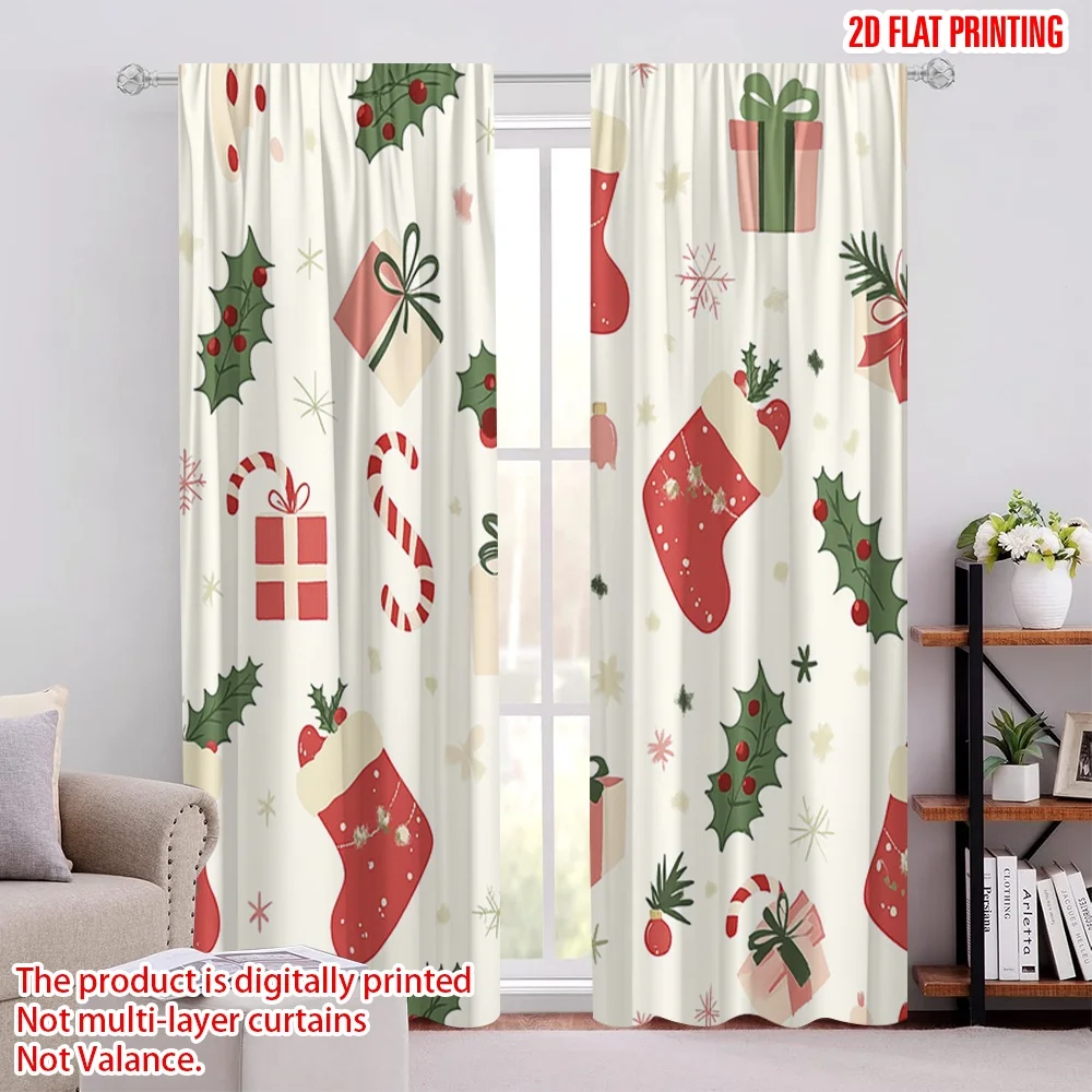2pcs,2D plane printing Creative Curtains Christmas Baubles Holly Candy Canes (3) Durable 100% Polyester Fabric (without rod)