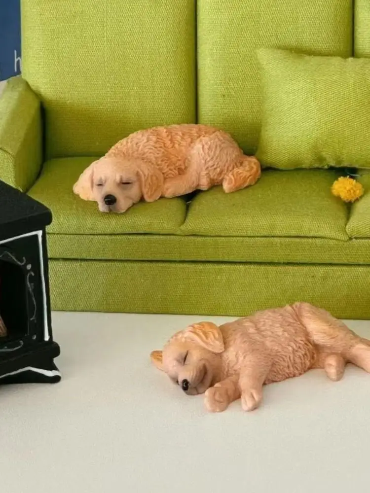 Slaapende hond speelgoedfiguur huisdecoratie schattig puppy hond auto ornamenten hars beeldje Golden Retriever model verjaardagscadeau - afbeelding 2