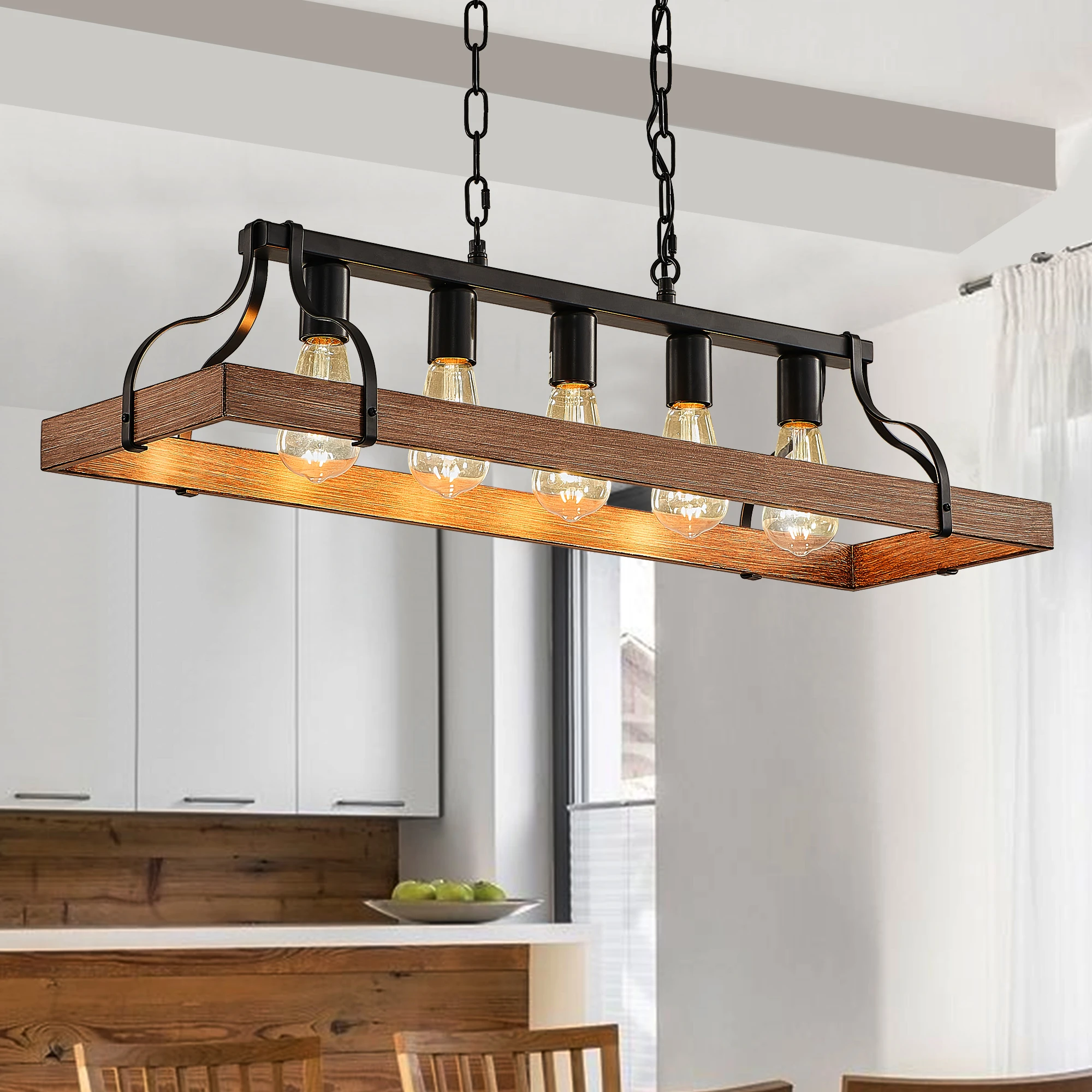 

Kitchen Island Pendant Light 5-Light Dining Chandelier, Dining Room Lights, Iron+Glass Adjustable Height E26 Base Modern