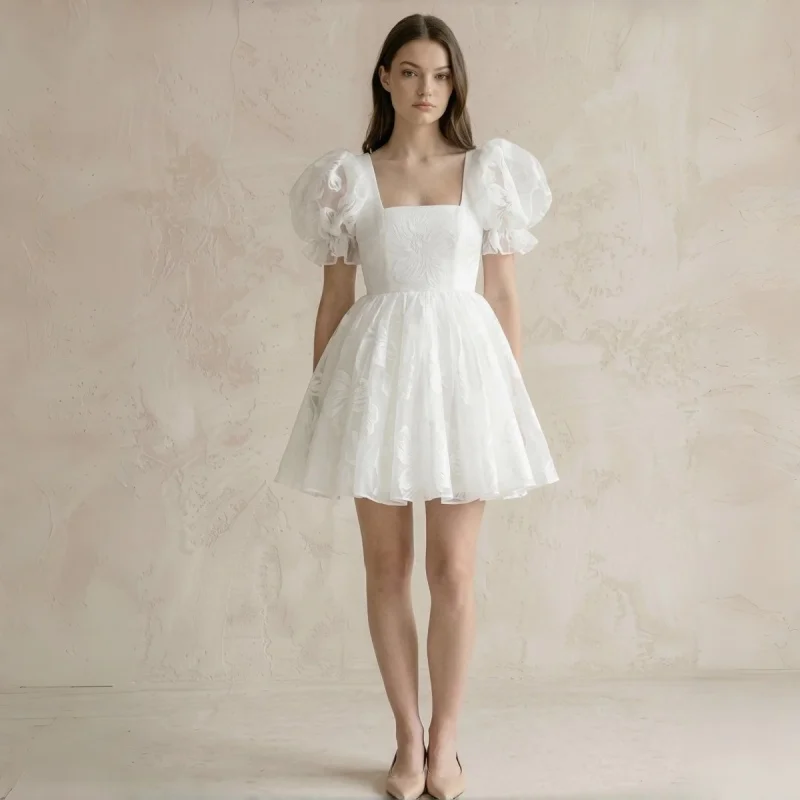 Square Neck Puff Sleeve Floral Organza Mini Wedding Dress Lace-Up Back High Waist A-Line Skirt Evening Gowns Customizable