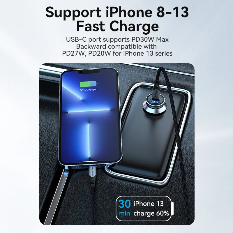 Vention USB araç şarj hızlı şarj SCP QC4.0 QC3.0 30W tipi C PD araba Xiaomi Huawei iPhone PD şarj için hızlı şarj