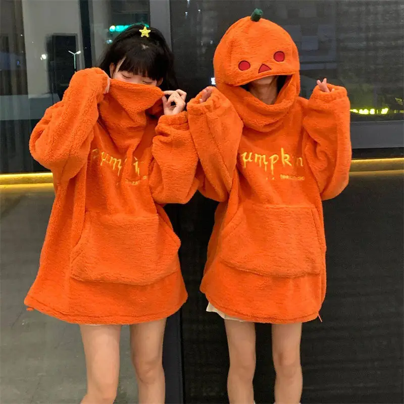 2024 Winter New Halloween Party Pumpkin Head Lamb Fleece Hoodie Women Men Unisex Hooded Sweatshirt Embroidery Thicken Streetwear