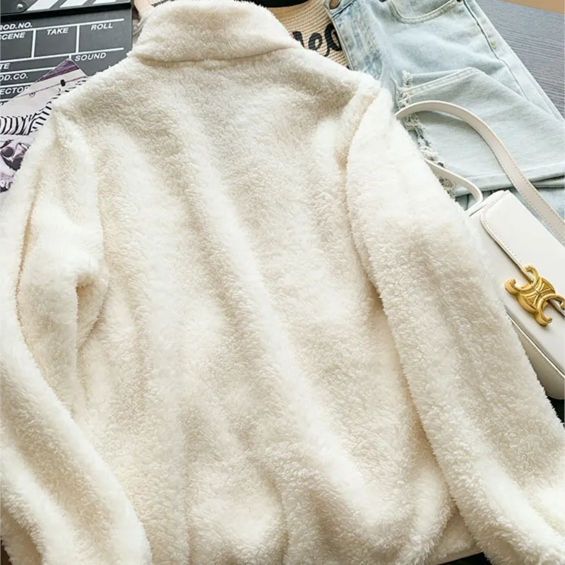 Autumn Winter Unisex Warm Fleece Jacket Outwear Ladies Zipper Lamb Fleece Coat Double Sided Velvet Stand Collar Coats New Simple