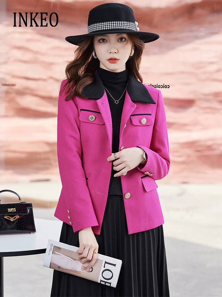 

Office lady Patchwork Single breasted jacket 2023 Autumn Plus size Design Pockets coat blazer Women Rhodo Green Chic INKEO 3O101