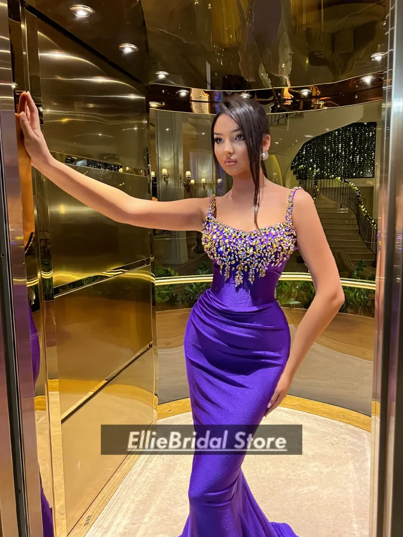 흑인 소녀를위한 매력적인 어두운 보라색 이브닝 드레스 럭셔리 크리스탈 인어 웨딩 파티 드레스 vestidos de fiesta 맞춤형