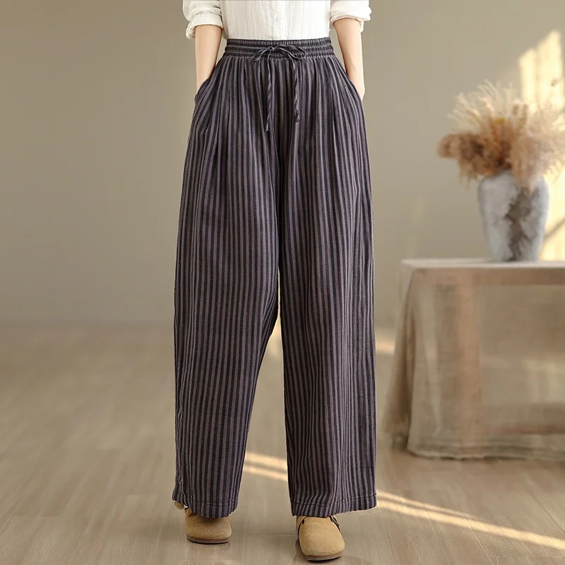 Calças Largas tradas de Cintura Alta Retro com Cordão e Cintura Elástica Estilo Artístico para Primavera Verão Outono