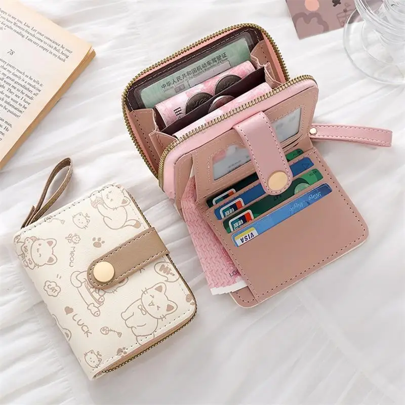 New Cat PU Leather Coin Purse Women Fashion Short Wallet Folding Zipper Wallet ID Card Holder Travel Lightweight Cash Coin Bags
