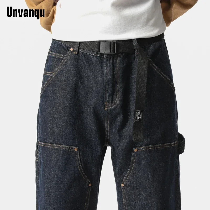 UNVANQU 2023 New Chic Harem Spring Autumn Line Streetwear Trouser Men\'s Clothing Jogger Cargo Ankle Length Denim Pants Y2K Jeans