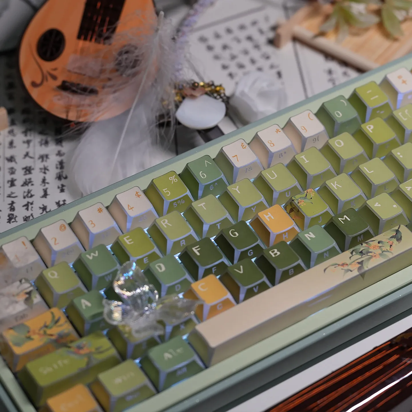 MAIMOOO Green Shadow Keycaps PBT Cherry Profile Osmanthus Oolong Theme Side Engraved Translucent Keycaps for Mechanical Keyboard