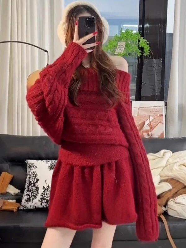 

Уникальный красивый зимний женский комплект с трикотажной юбкой на одно плечо, свободный крой, средняя теплая повседневная одежда для домашнего свидания