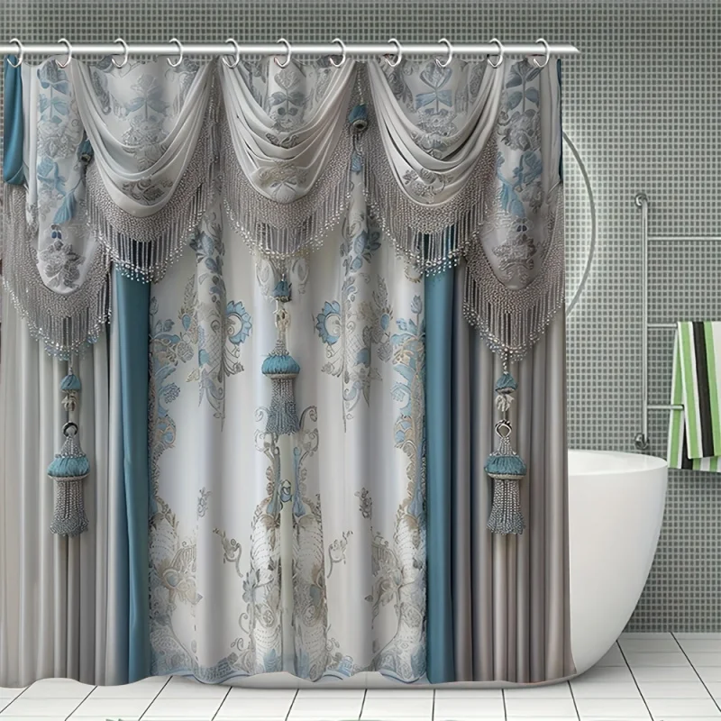 1/4pcs Blue Tassel Curtain Print Shower Curtain Set, Decorative Bathroom Set Including Waterproof Shower Curtain, Non-slip Floor