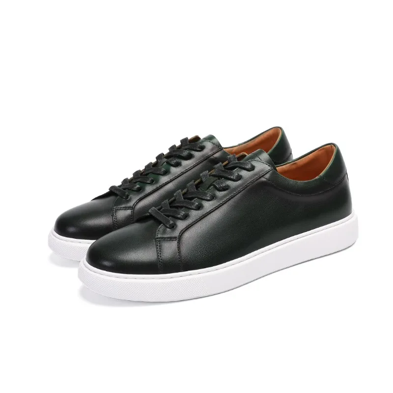 Casual Board Shoes Lightweight Flat-bottomed Versatile Retro First-layer Cowhide Trendy Contrasting Soft-soled Men's Sneakers