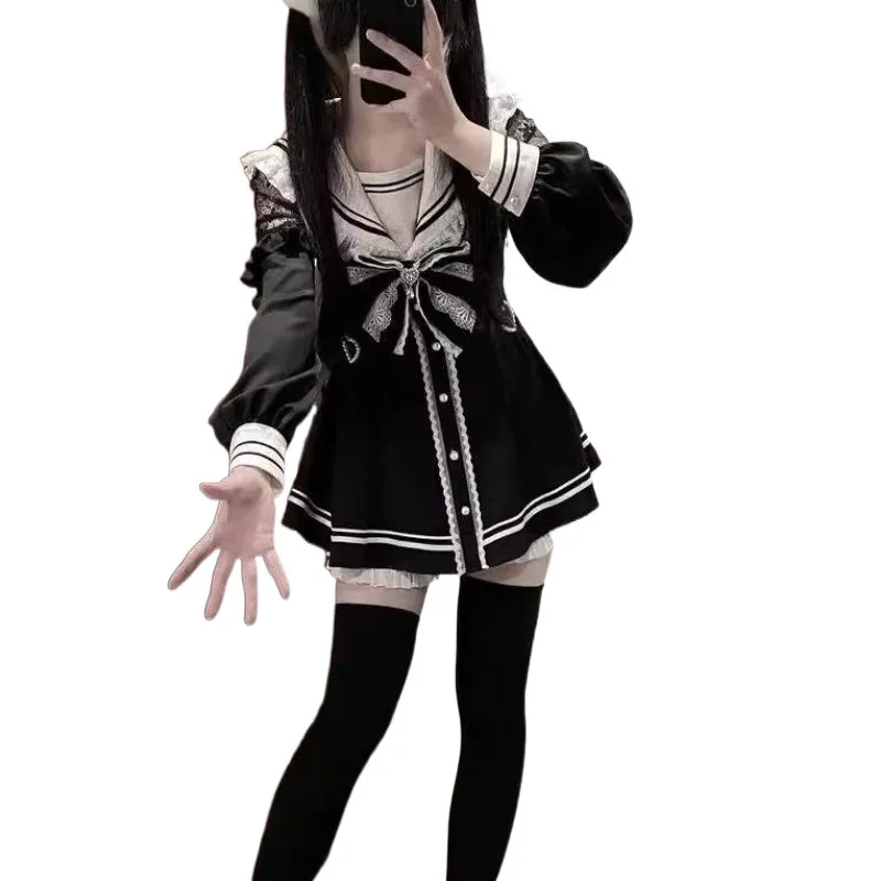 Jirai Kei Sailor Black Dress Lace Patchwork Slim Fit Dresses Japanese Sweet Inner Shorts Set JK School Uniform for Women Girls