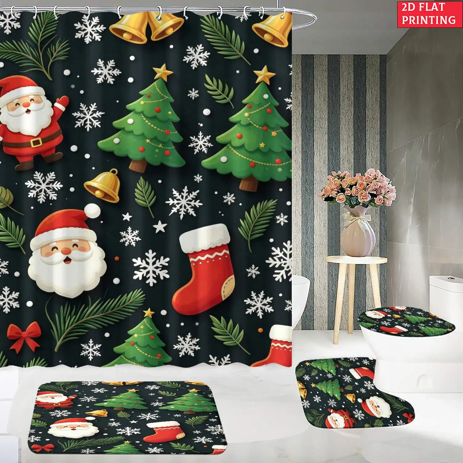 4pc 2D Flat Christmas Shower Curtain Set, Santa Pine & Snow Print, 3Pcs Matching Mats, Home & Hotel Bathroom Decor