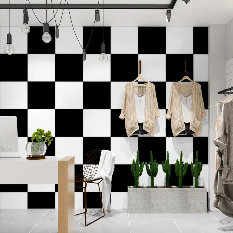 Black and white square check square wallpaper modern simple restaurant hair salon hairdressing clothing store women's clothing