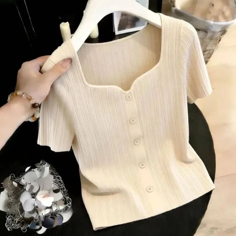 

Sweaters Square Collar Knitted Sweater Women Pullovers 2026 New Summer Black Short Sleeve Knit Sweater Pullover Women Tops Q4772