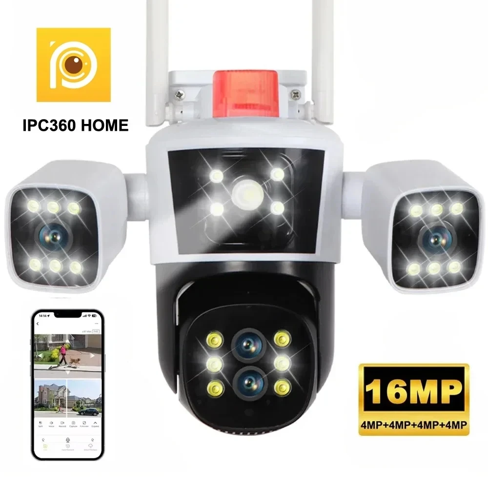 IPC360 HOME 8K 16MP 10X Zoom Wifi PTZ Outdoor Waterproof IP66 Four Lens Three Screens Color Night Vision Surveillance Cameras