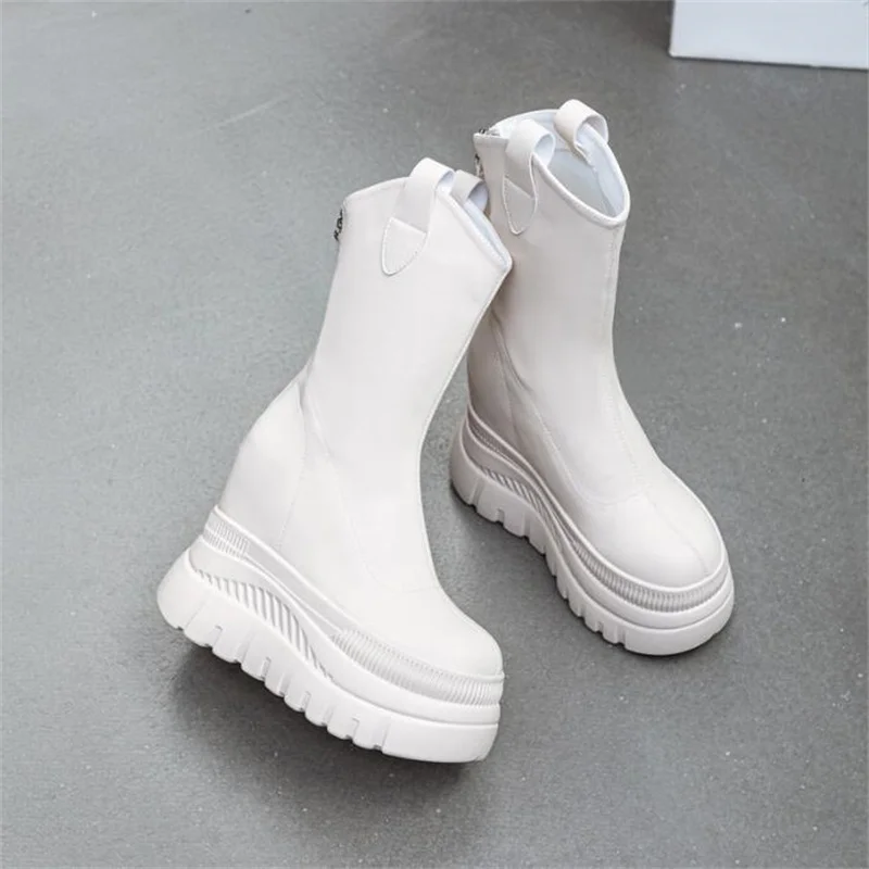 12cm New Microfiber Leather Women High Brand Pumps Heels Black Shoes ZIP Increase Casual Ankle Boots Platform Wedge Shoes