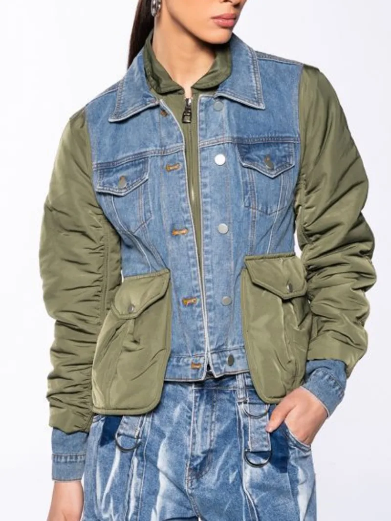Color-block Blue Big Denim Size Jacket New Stand Collar Long Sleeve Women Coat Fashion Spring Autumn 2026 7CD6