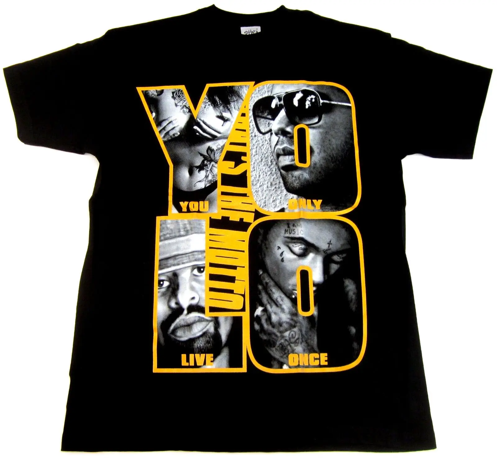 YOLO T Shirt The MOTTO Drake Weezy YMCMB Hip Hop Rap Men LARGE Black Gold