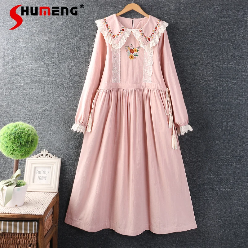 

Japanese Artistic Mori Girl Sweet Lace Splicing Embroidery Doll Collar Long Sleeve Cotton Linen Lace-up Loose Long Dress Women