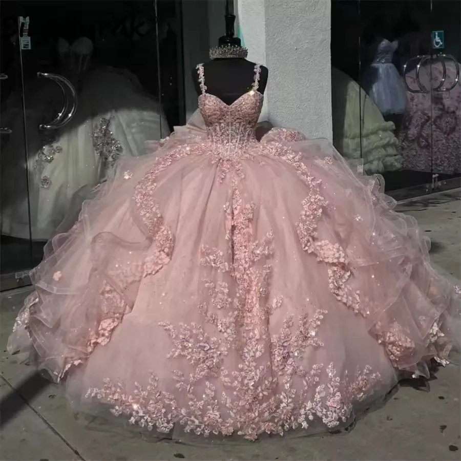 Vestidos de Quinceanera Personalizados com Aplicações de Renda Rosa Mexicana, Alças Finas, Vestido de 15 Anos para Festa de Quinceañera