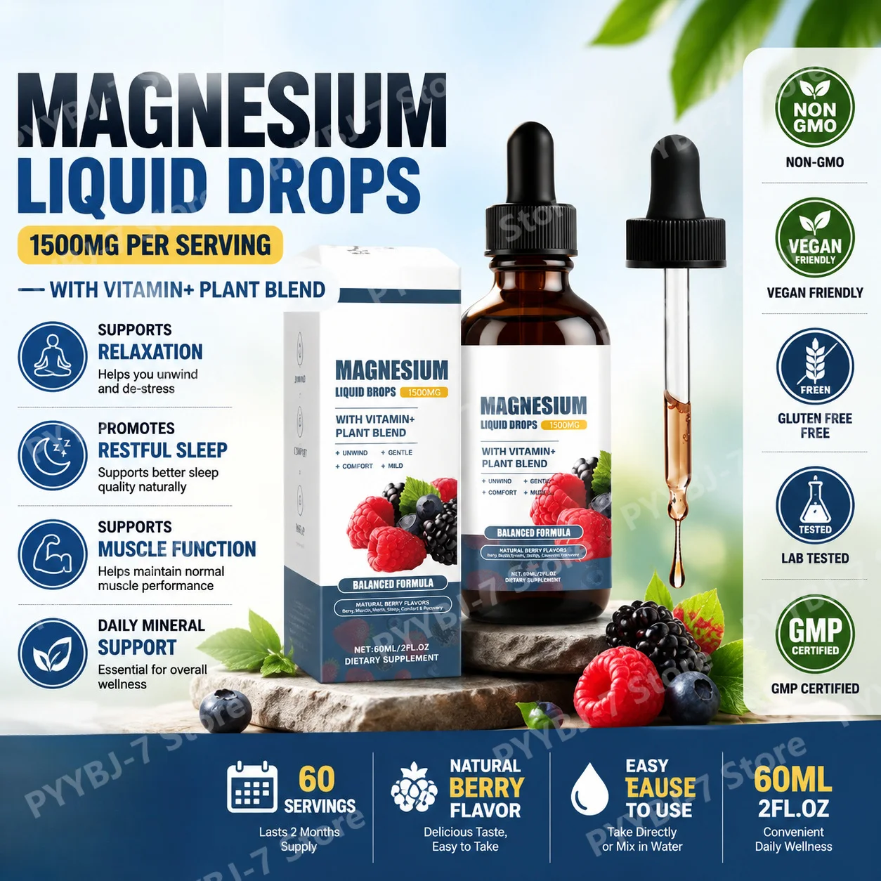

Magnesium Liquid Drops with Vitamins B6 D3 K2 Plant Blend Electrolyte Support Daily Wellness Supplement Natural Berry Flavor60ml