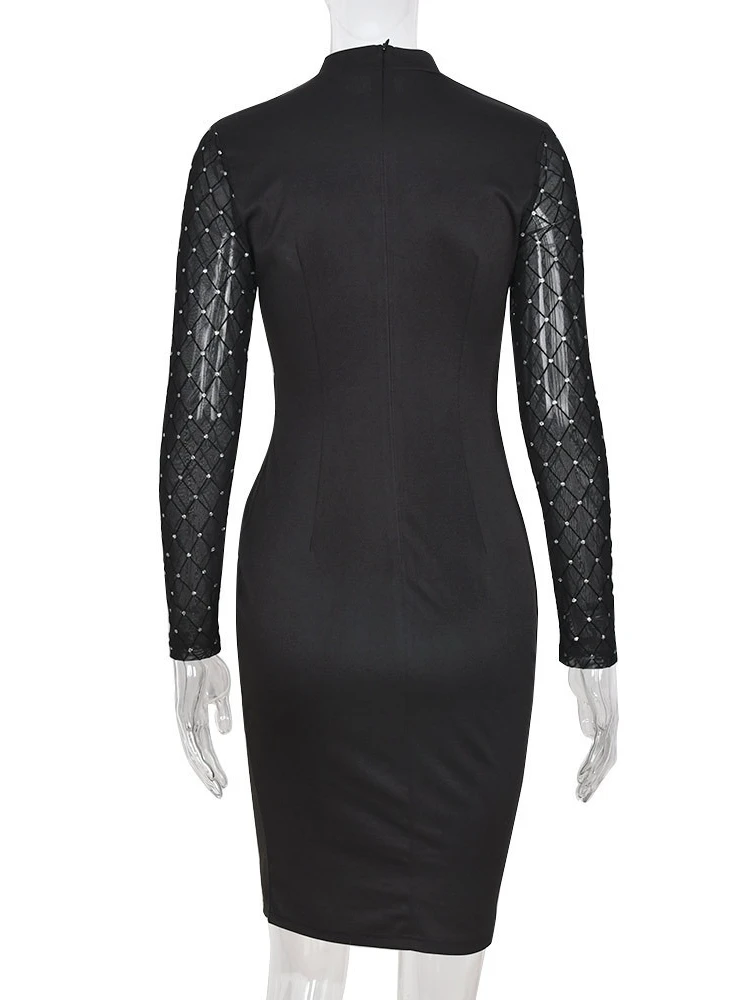 SsTss Women's Patchwork Mesh Hollow Out Mini Dress Sexy Black Stand Collar Long Sleeve Slim Fit Split Knee Length Bodycon Dress