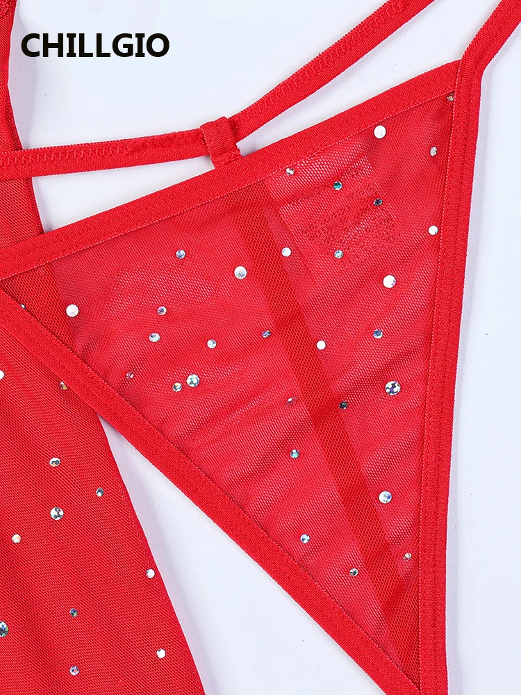 CHILLGIO femmes rouge bretelles Spaghetti robe maille Porno robes courtes pyjamas transparents Lingeries Sexy string chaud femme vêtements