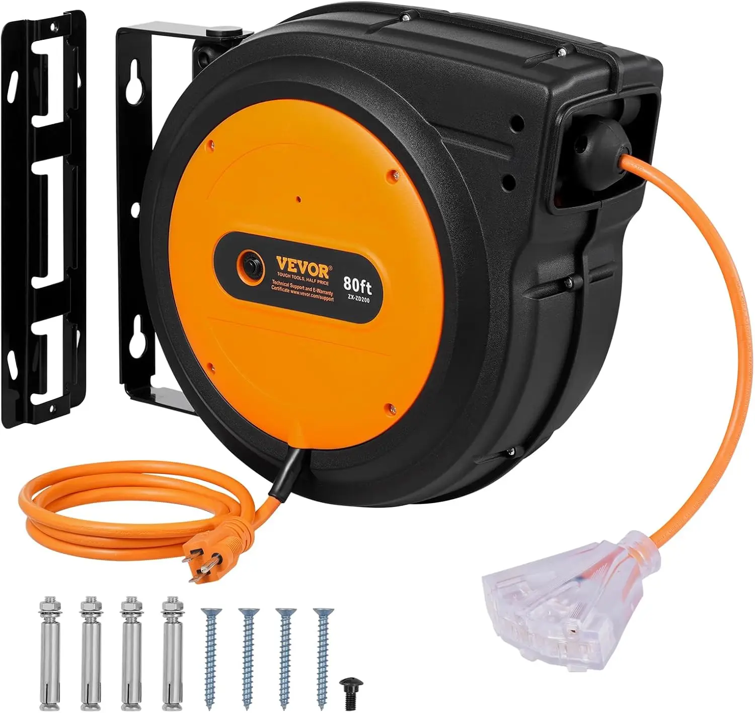 

Retractable Extension Cord Reel, 80 FT, Heavy Duty 12AWG/3C SJTOW Retractable Power Cord with Lighted Triple Tap Outlet, 15 Amp