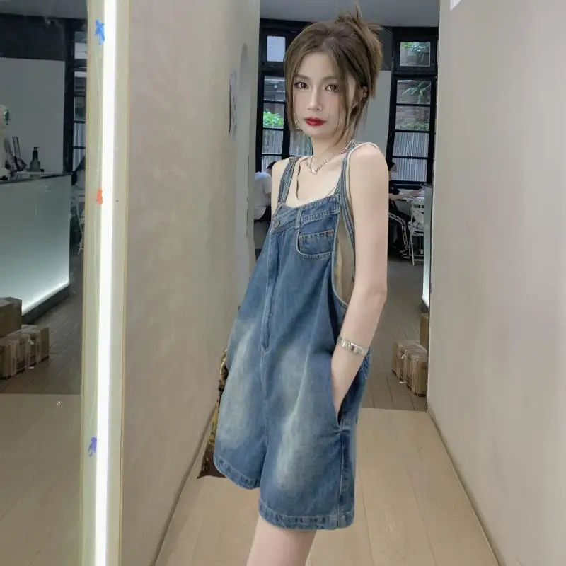 Sweet Denim Overalls Women Summer New Loose Straight Wide-Leg Shorts Niche Irregular Washing Pants