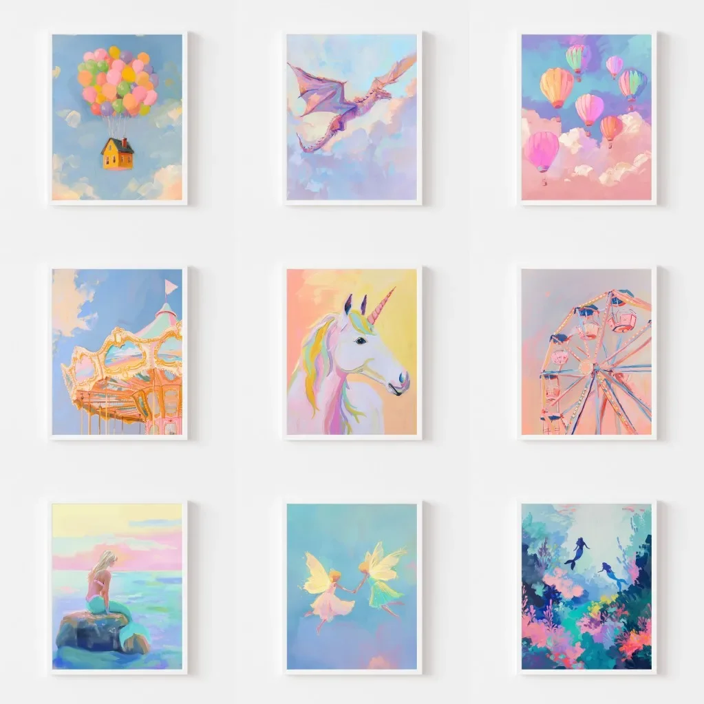 Affiche d'art mural Pastel magique, peinture sur toile du monde des contes de fées, salle de jeux fantaisiste, imprimable, décoration de maison pour chambre d'enfant