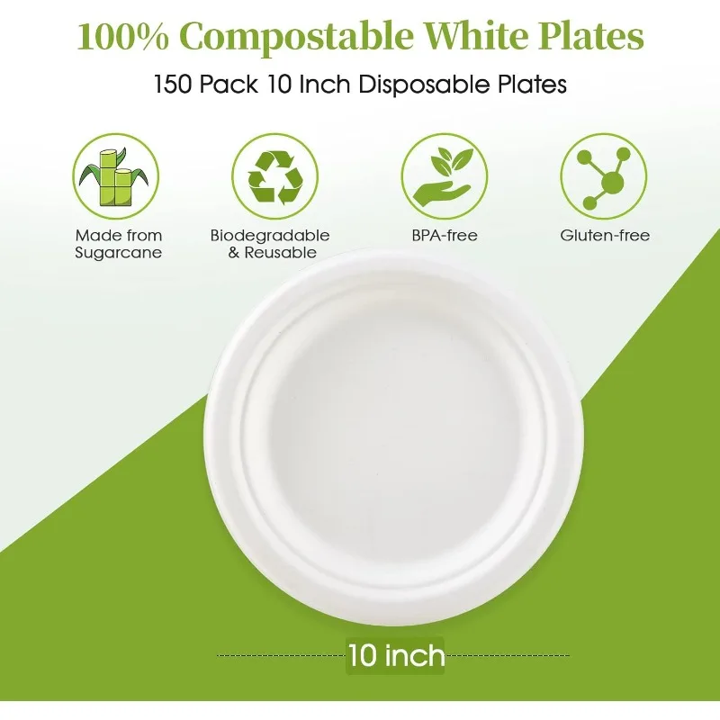 100% Compostable 10 inch Paper Plates, 150 Pack Heavy Duty Paper Plates, Disposable Biodegradable Eco-friendly Sugarcane