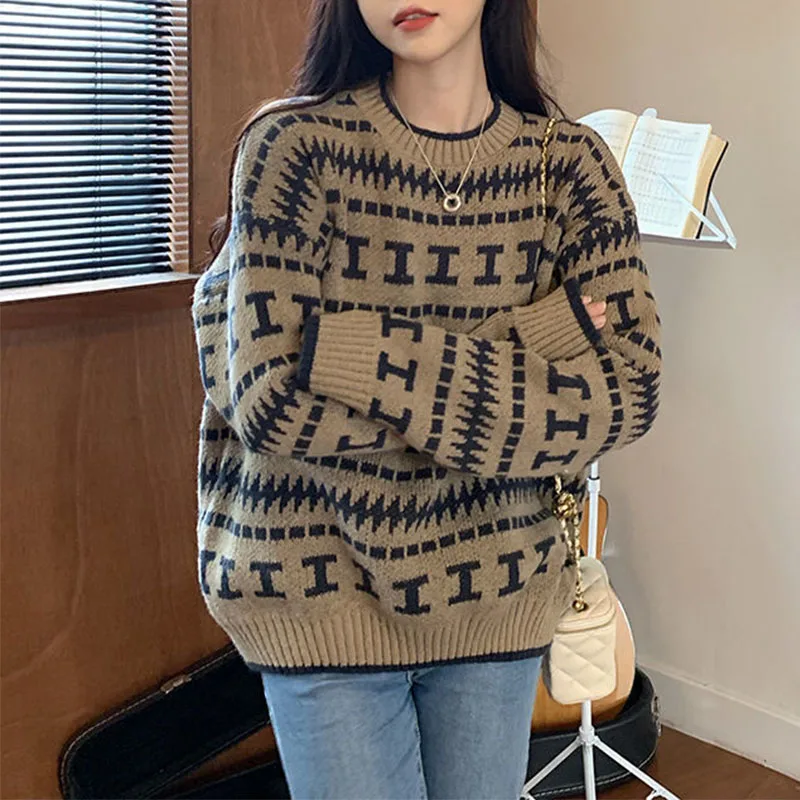 

Autumn Winter Women Sweater Vintage Fashion Lazy Wind O-Neck Contrast Color Jacquard Weave Long Sleeve Pullovers Knitted Tops