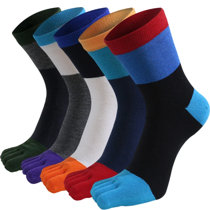 5 Pairs Cotton Five Finger Socks Men Breathable Middle Tube Striped Colorful Dress Business Casual Toe Socks with 5 Toes Male