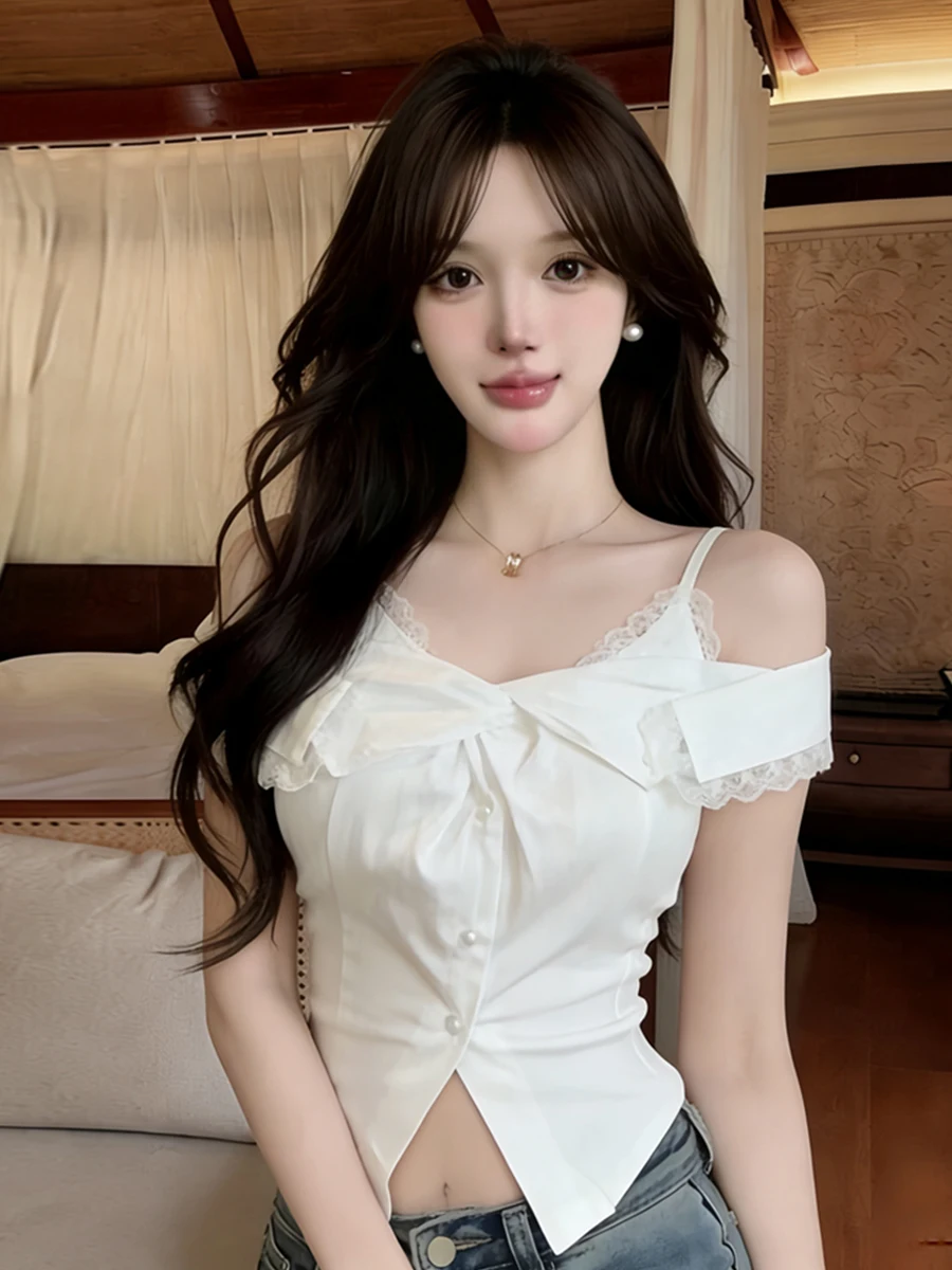 

Французский стиль: кружевной топ с открытыми плечами и вырезами, без бретелек, с эффектом утонченности и открытой талией, кардиган-топ для создания сексуального образа