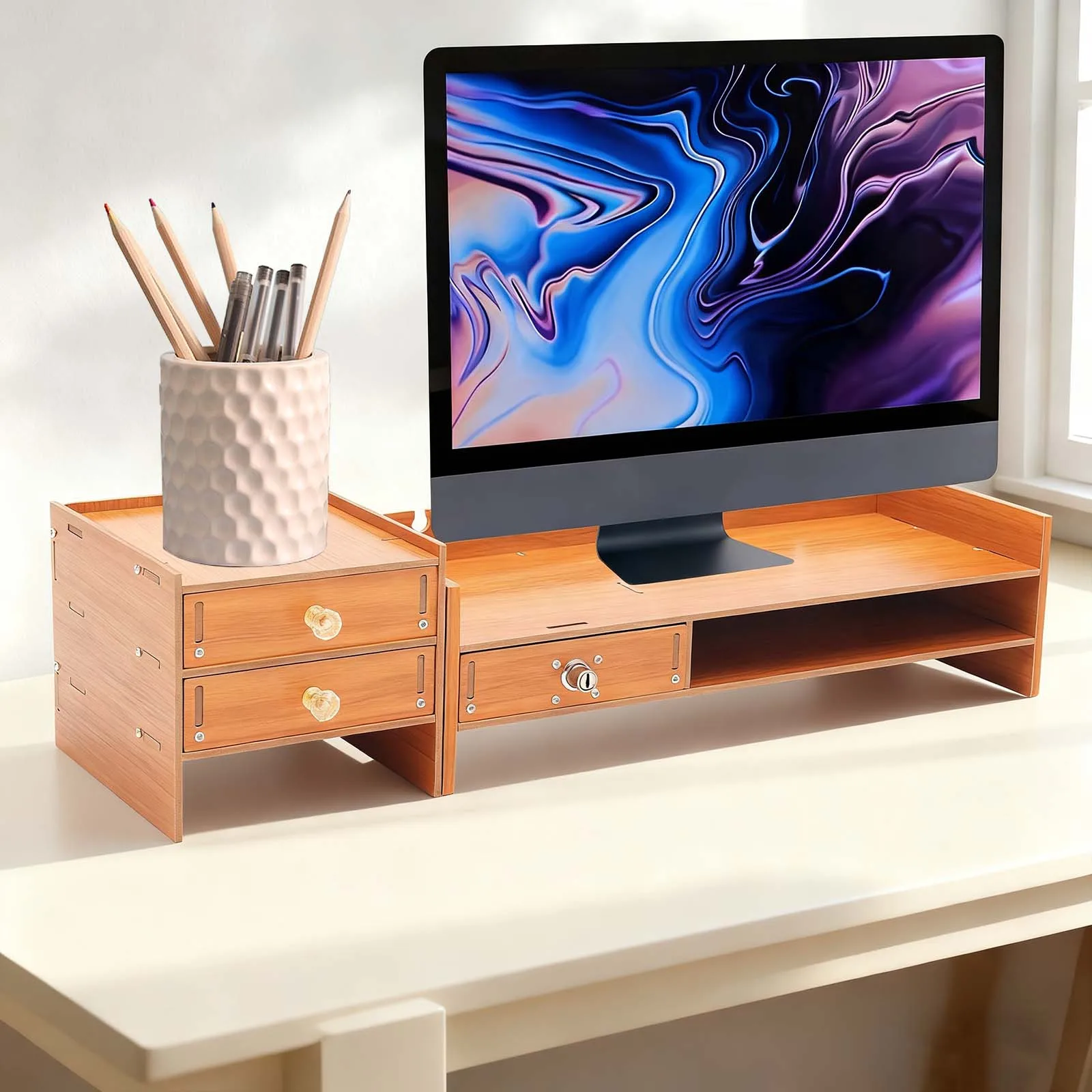 

Computer Monitor Stand with Drawers, Wooden Desk Organizer with 3 Drawers, Keyboard Storage Shelf Riser for PC Office Home
