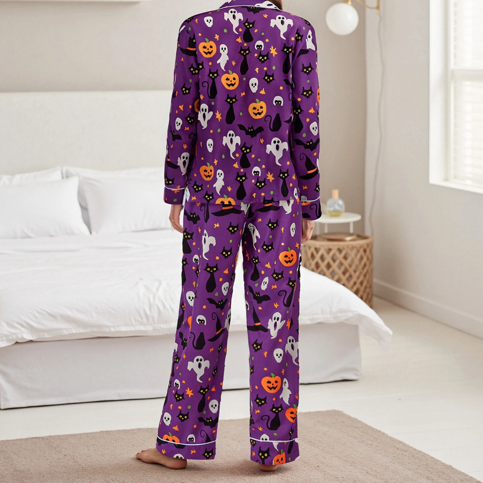 Women Halloween Pajama Set Pumpkin Ghost Long Sleeve Tops + Pants For Nightwear Homewear Casual Wear