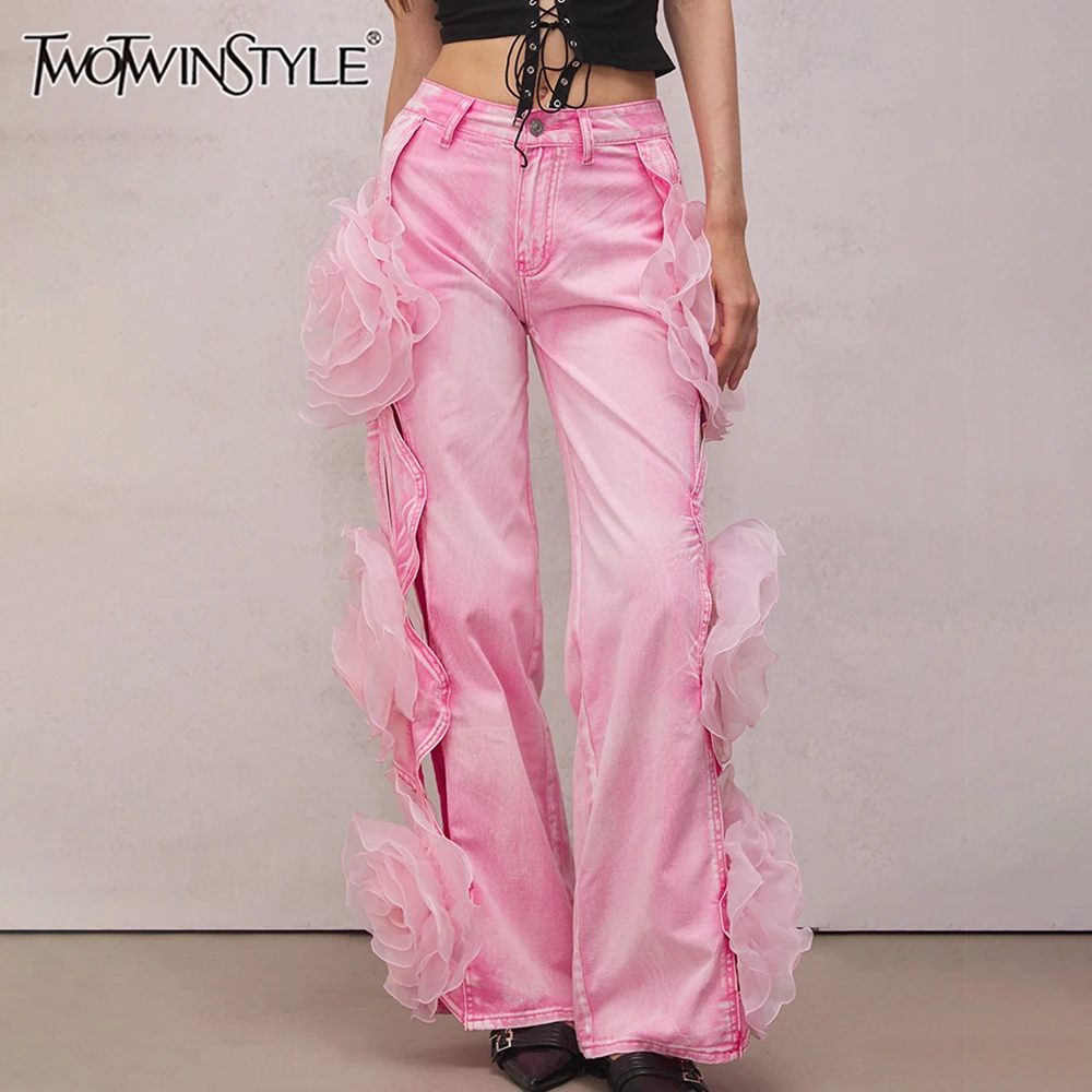 TWOTWINSTYLE Hollow Out Spliced Pockets Jeans For Women High Waist Patchwork Appliques Vintage Temperament Wide Leg Pant Female