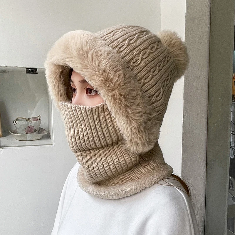 Winter Knitted Hat Scarf Mask One-Piece Plush Pompom Beanies for Women Fleece Lining Warm Bonnet Ears Neck Protection Skiing Cap