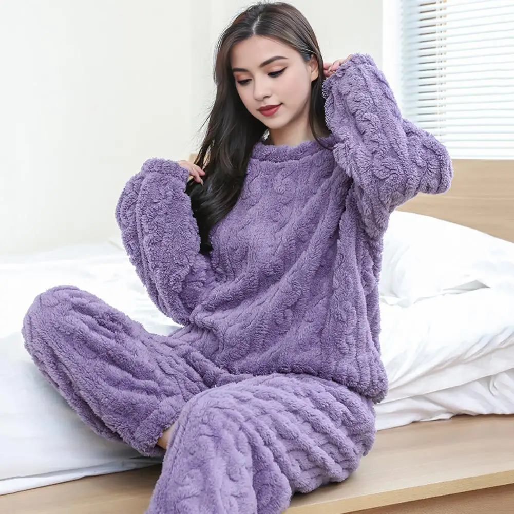 

2025 Solid Color Coral Fleece O-neck Women Pajama Sets Long Sleeve Plush 2 Piece Sets Fashion Comfortable Ribbed Cozy Sleepwear
