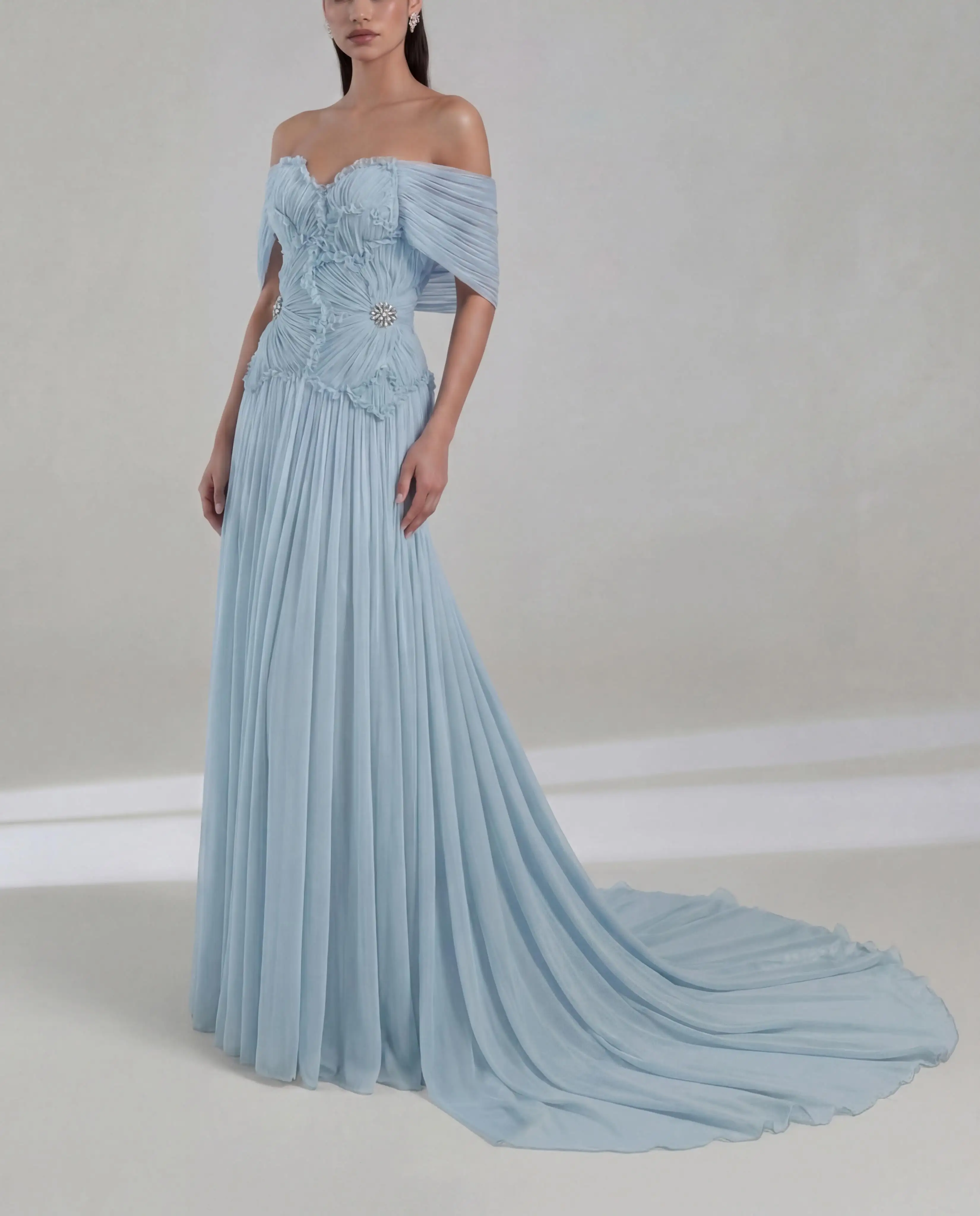 Customized Elegant Blue A-Line Evening Dresses Sweetheart Off the Shoulder Buttons Rhinestones Sweep Train Occasion Gowns image 2