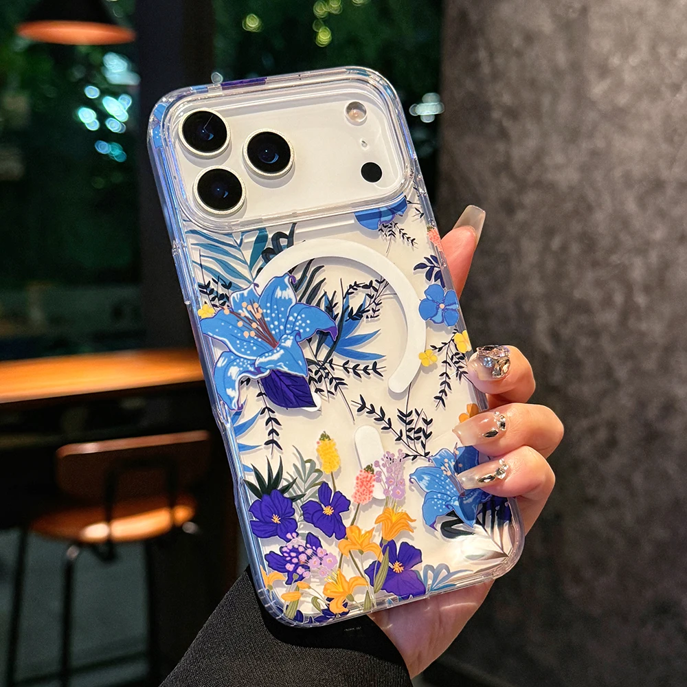 Luxuriöse Transparente Blumen-Magsafe-Handyhülle für iPhone 18 17 16 15 14 13 Pro Max 16E Magnetische Kabellose Ladefunktion Stoßfeste Hülle – Detail 7