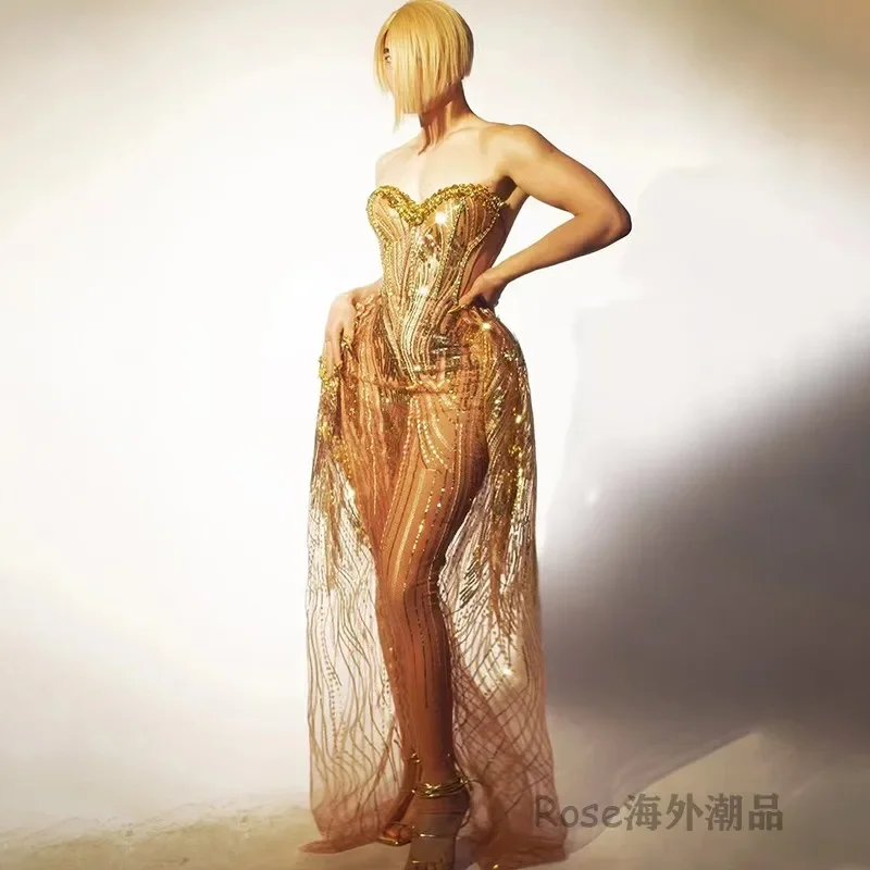 New Gold Bright Diamond Slimming Waist-tight Singing Dress Bar Permanent Queen Performance Costume